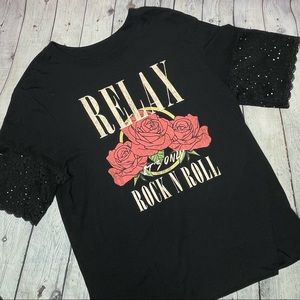 Awake Relax It’s Only Rock And Roll Lace Sleeve Top